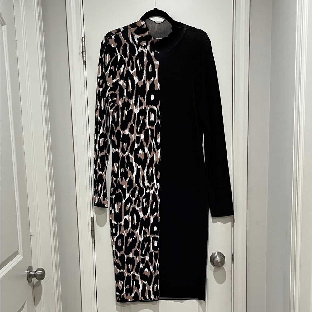 Bar III Black and Leopard Long Sleeve Mockneck Dress